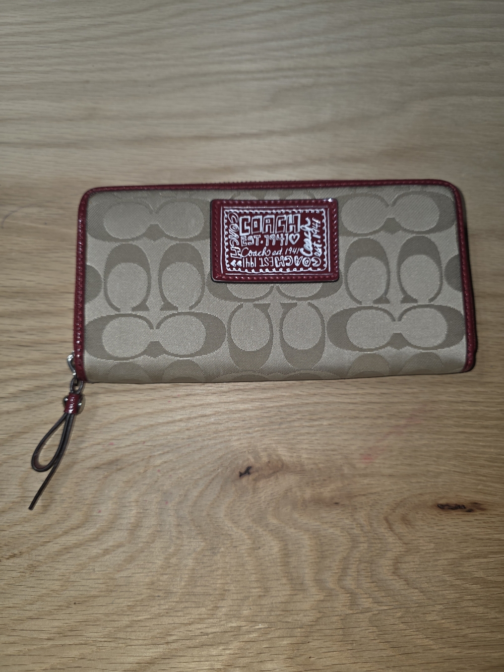 Coach Poppy Signature Zip-Around Wallet in Khaki with Red Trim